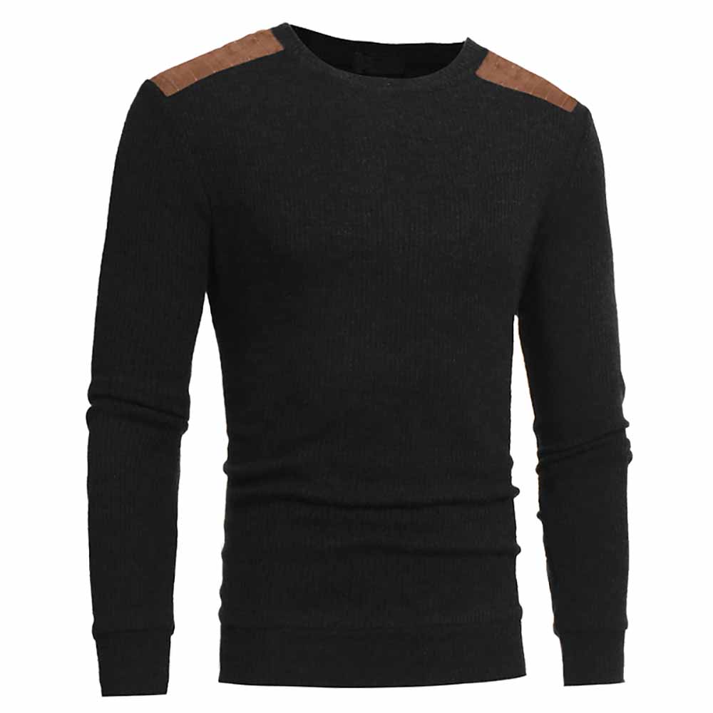 Men's Fashion Suede Patch Design Round Neck Casual Slim Knit Sweater