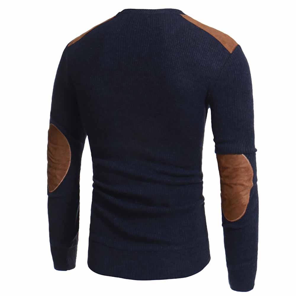 Men's Fashion Suede Patch Design Round Neck Casual Slim Knit Sweater