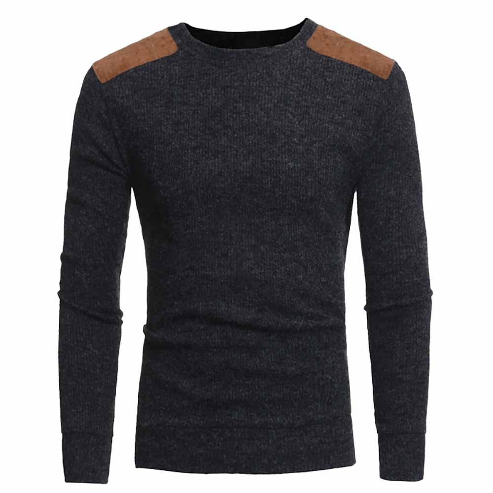 Men's Fashion Suede Patch Design Round Neck Casual Slim Knit Sweater