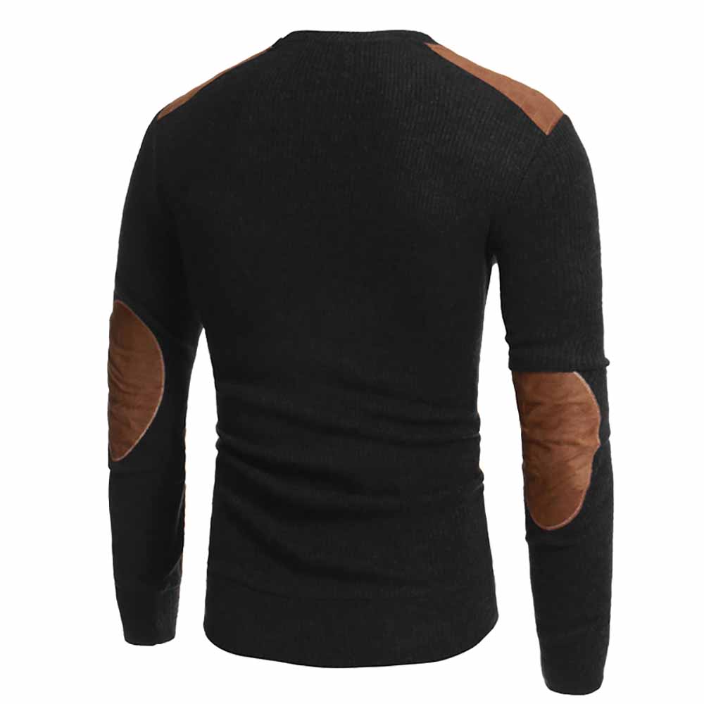 Men's Fashion Suede Patch Design Round Neck Casual Slim Knit Sweater