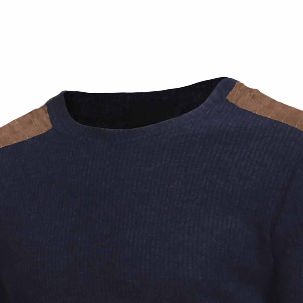 Men's Fashion Suede Patch Design Round Neck Casual Slim Knit Sweater