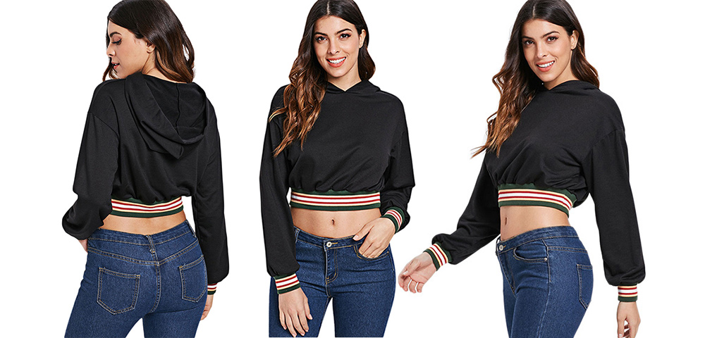 Hooded Long Sleeve Color Blocking Stripe Crop Top Women Hoodie