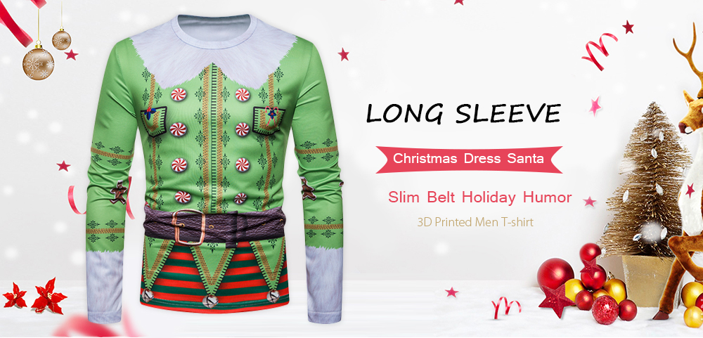 Long Sleeve Christmas Dress Santa Slim Belt Holiday Humor 3D Print Men T-shirt