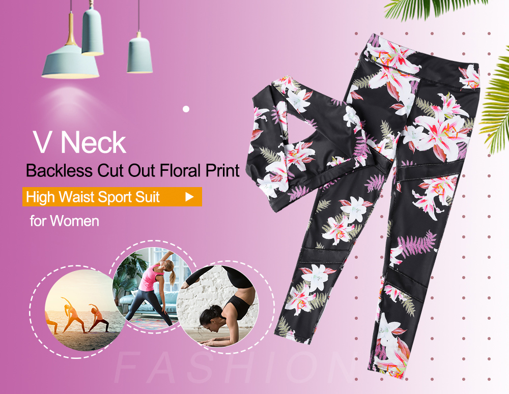 V Neck Backless Padded Floral Print High Waist Spliced Mesh Women Sport Suit