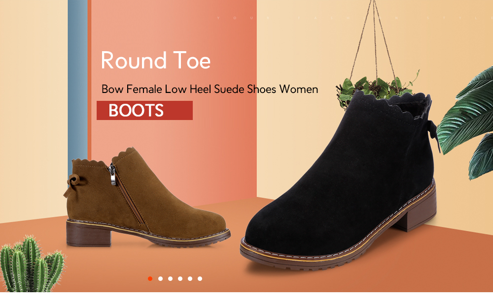 Round Toe Bow Female Low Heel Suede Shoes Women Boots