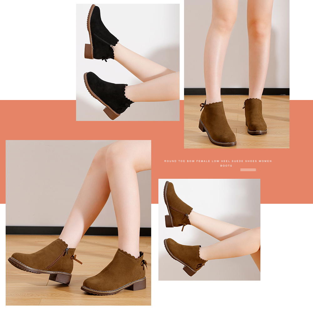Round Toe Bow Female Low Heel Suede Shoes Women Boots