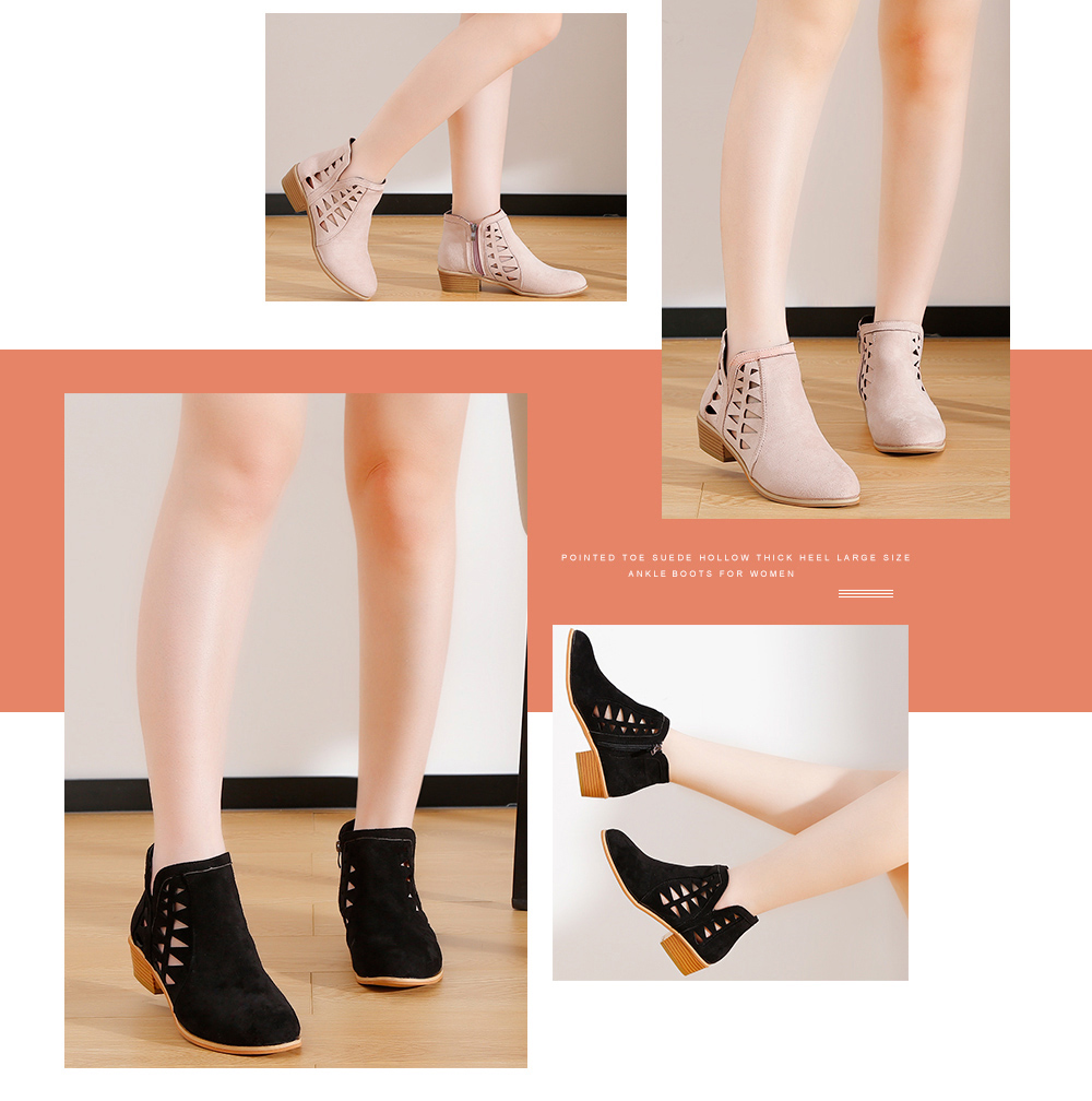 Pointed Toe Suede Hollow Thick Heel Large Size Ankle Boots for Women