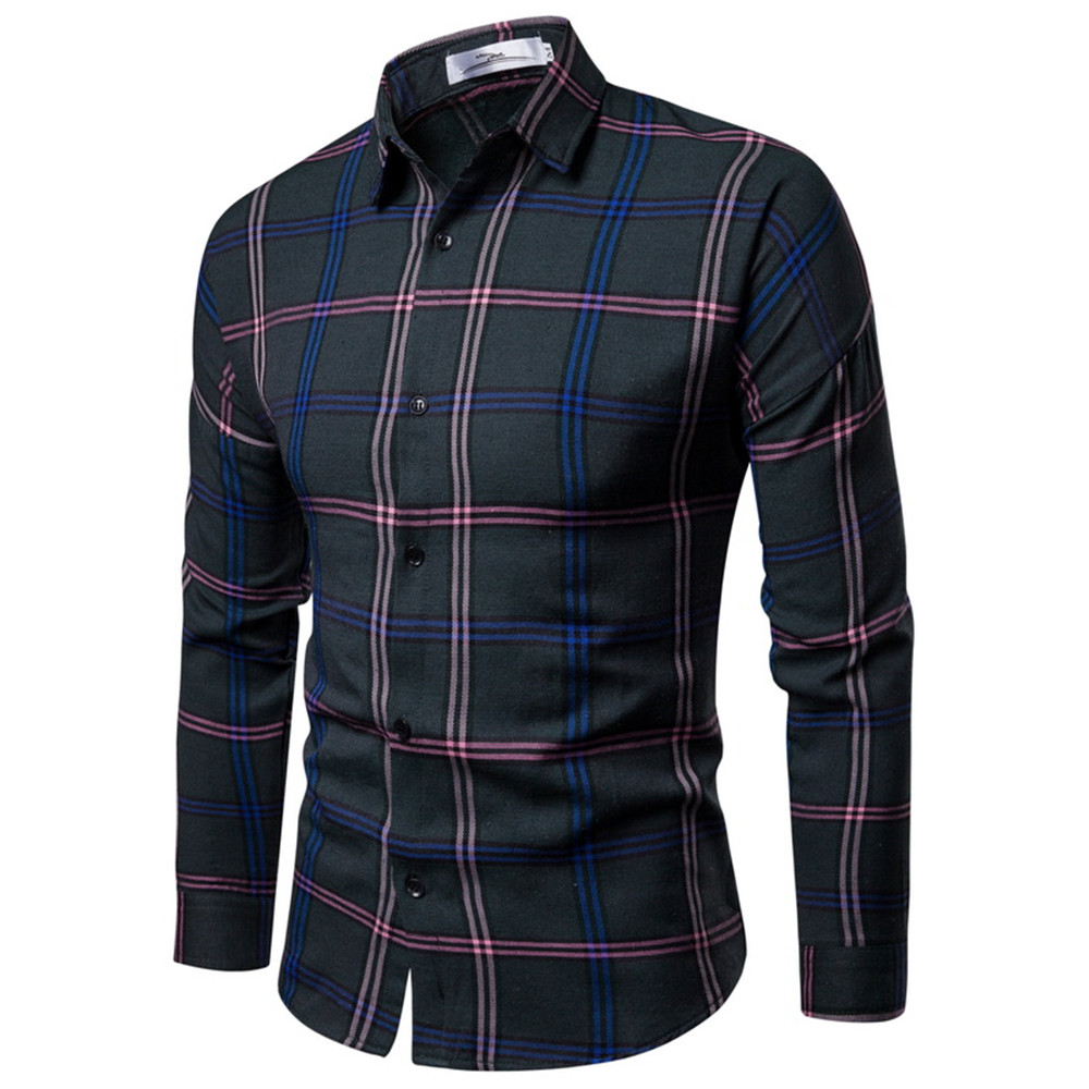 2018 New Men'S Slim Plaid Long-Sleeved Shirt