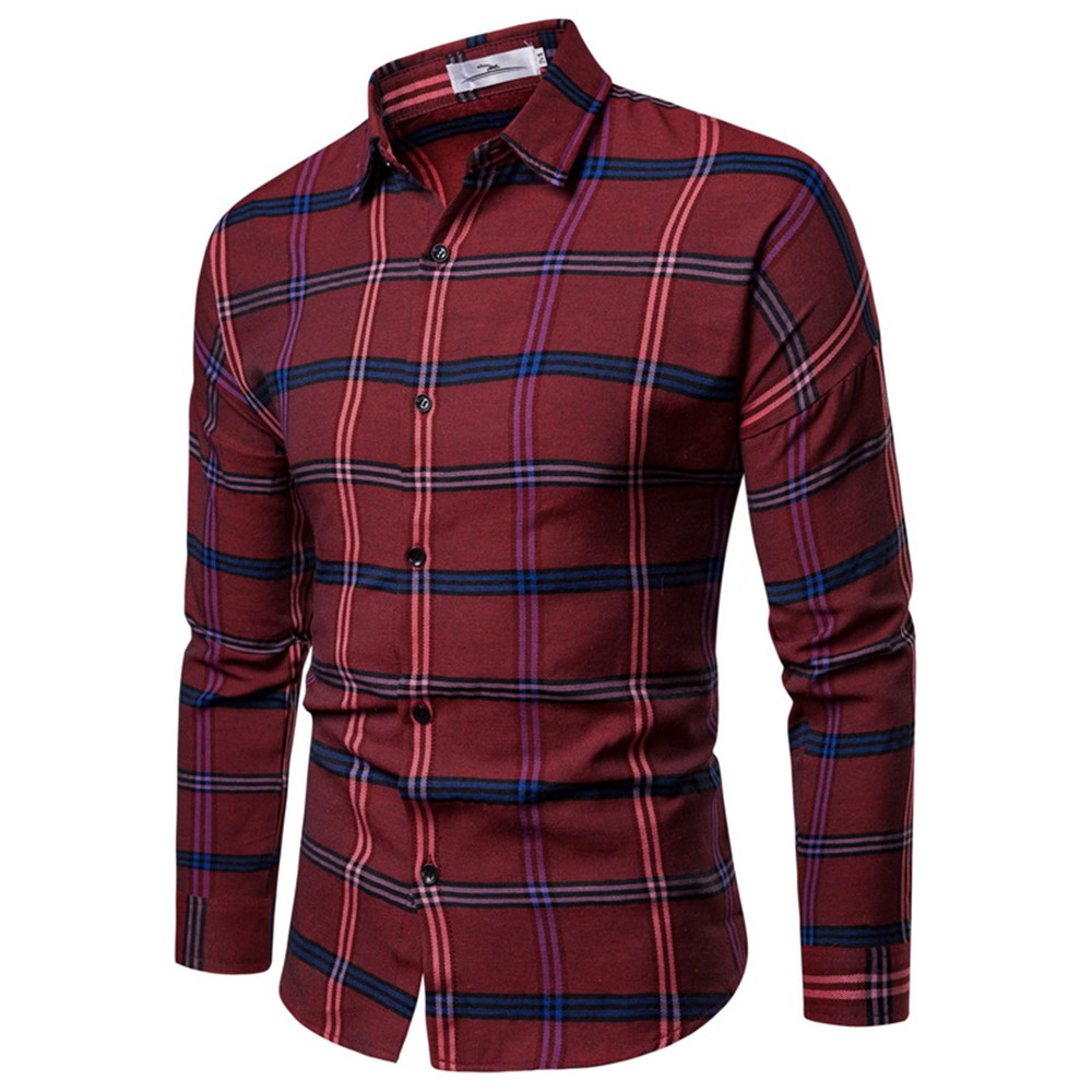 2018 New Men'S Slim Plaid Long-Sleeved Shirt