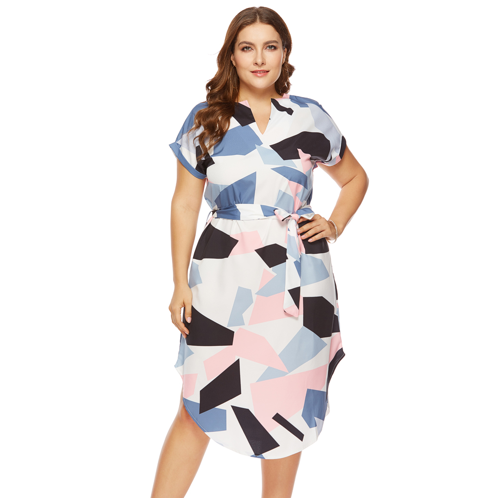 Fashion Casual V-Neck Short-Sleeved Geometric Color Block Printed Loose Dress