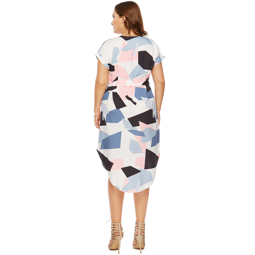 Fashion Casual V-Neck Short-Sleeved Geometric Color Block Printed Loose Dress