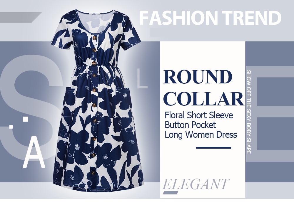 Trendy Round Collar Floral Short Sleeve Button Pocket Long Women Dress