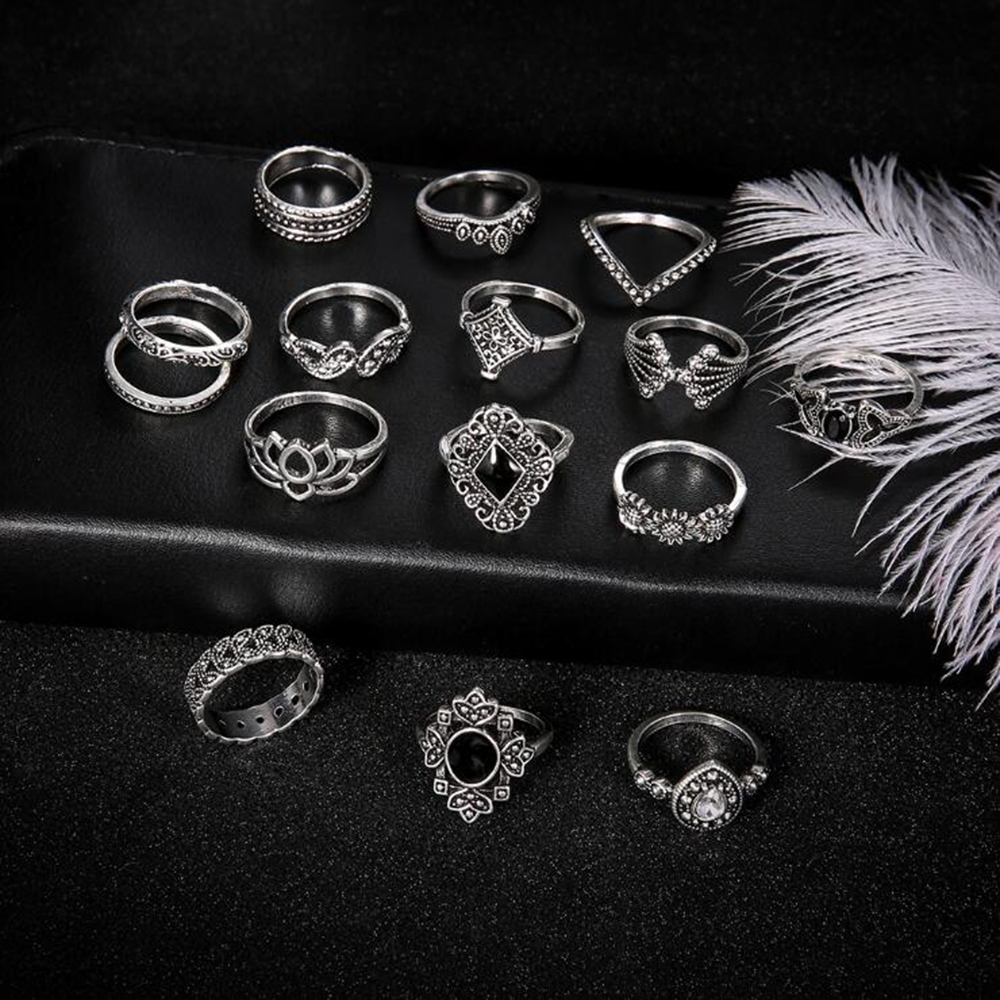 Bohemian Retro Silver Lotus Personality Women'S Ring 15 Pieces