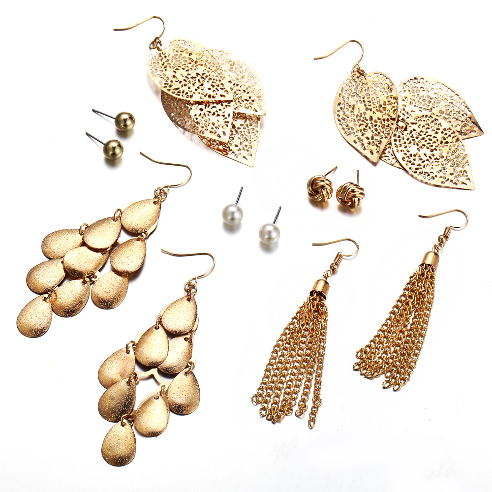 Female Pearl Earring Six Pieces Hollow Leaf Tassel Hanging Chain Earrings