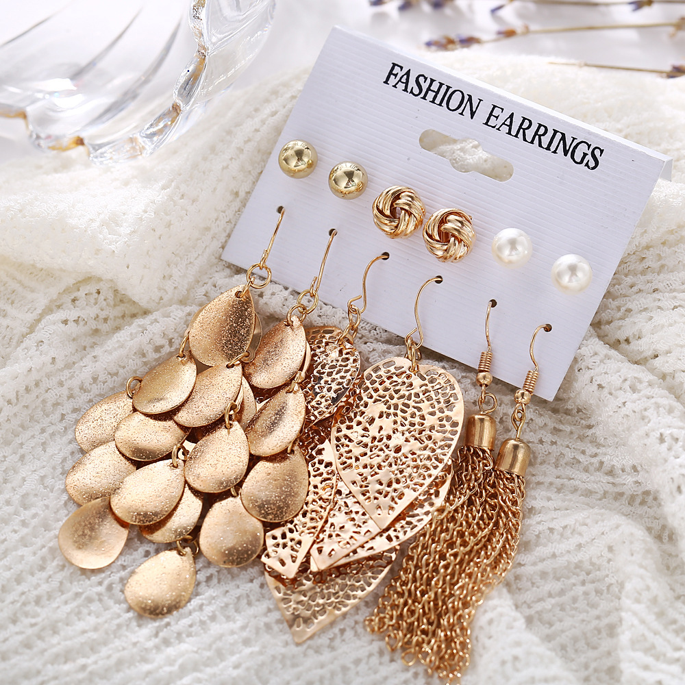 Female Pearl Earring Six Pieces Hollow Leaf Tassel Hanging Chain Earrings