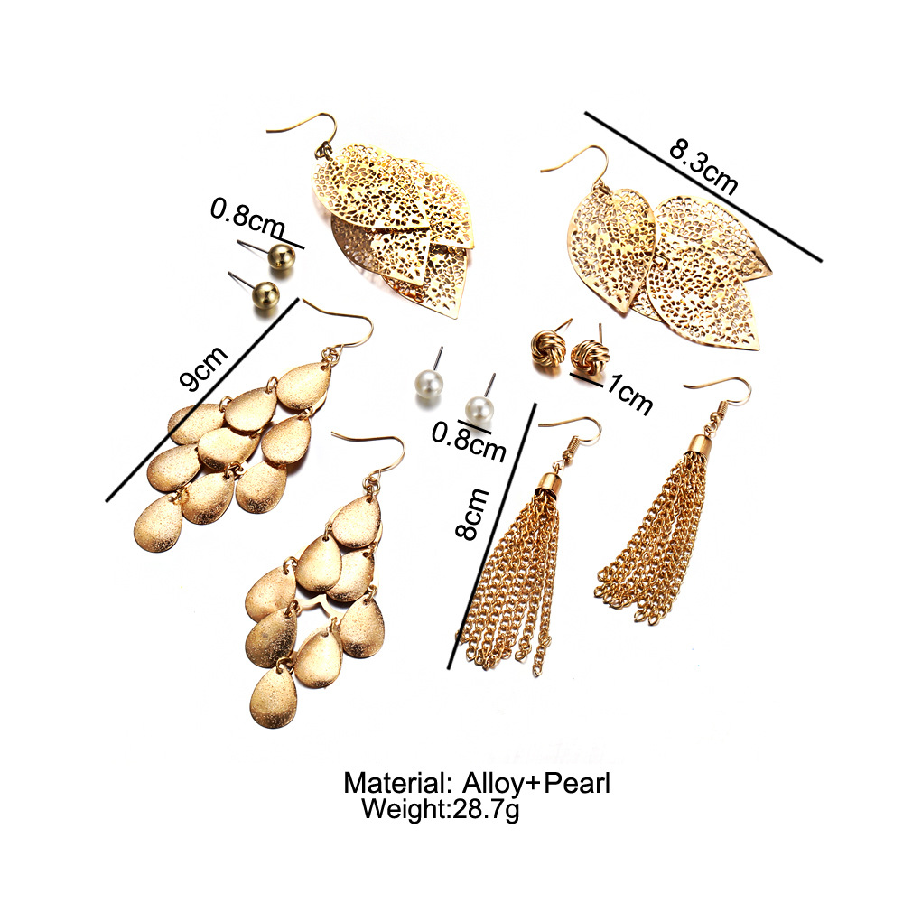 Female Pearl Earring Six Pieces Hollow Leaf Tassel Hanging Chain Earrings