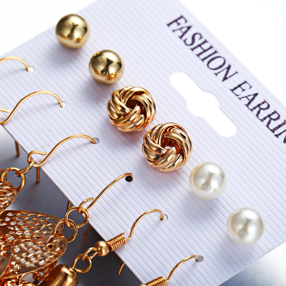 Female Pearl Earring Six Pieces Hollow Leaf Tassel Hanging Chain Earrings