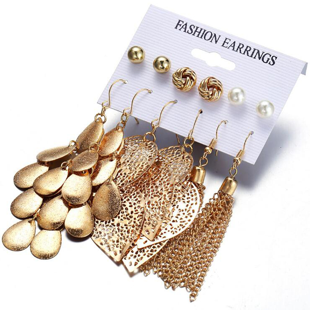 Female Pearl Earring Six Pieces Hollow Leaf Tassel Hanging Chain Earrings