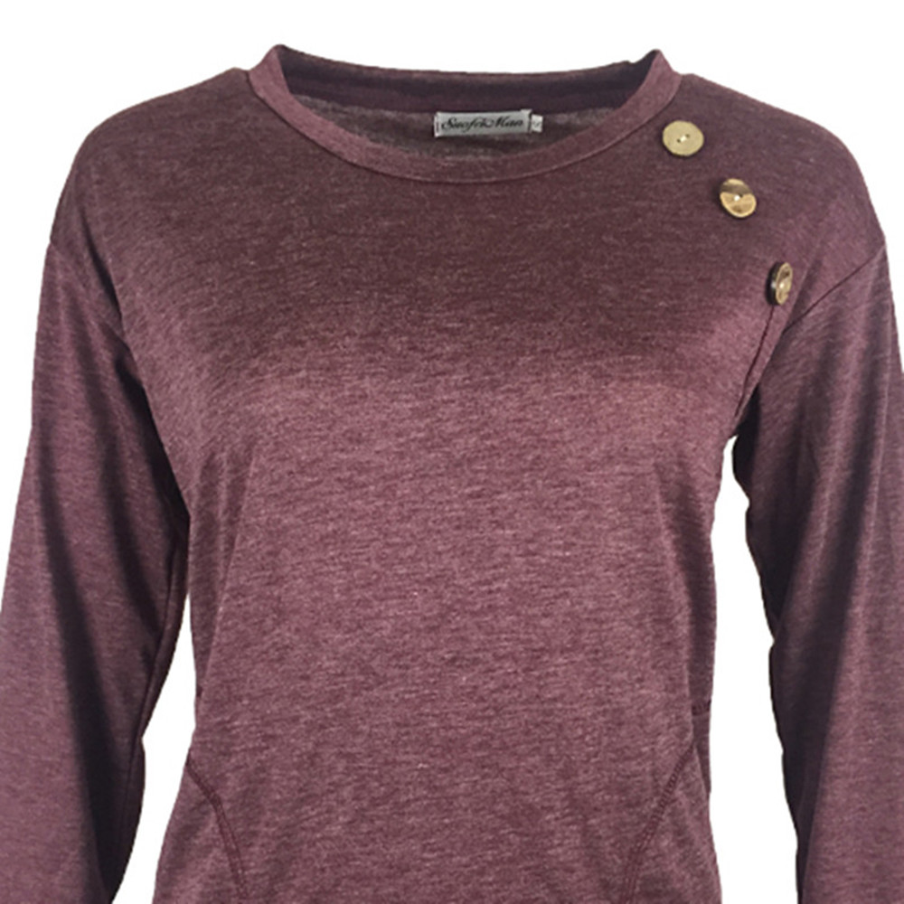 Women's Round Neck Solid Color Long Sleeve Button Pocket Casual Wild T-shirt