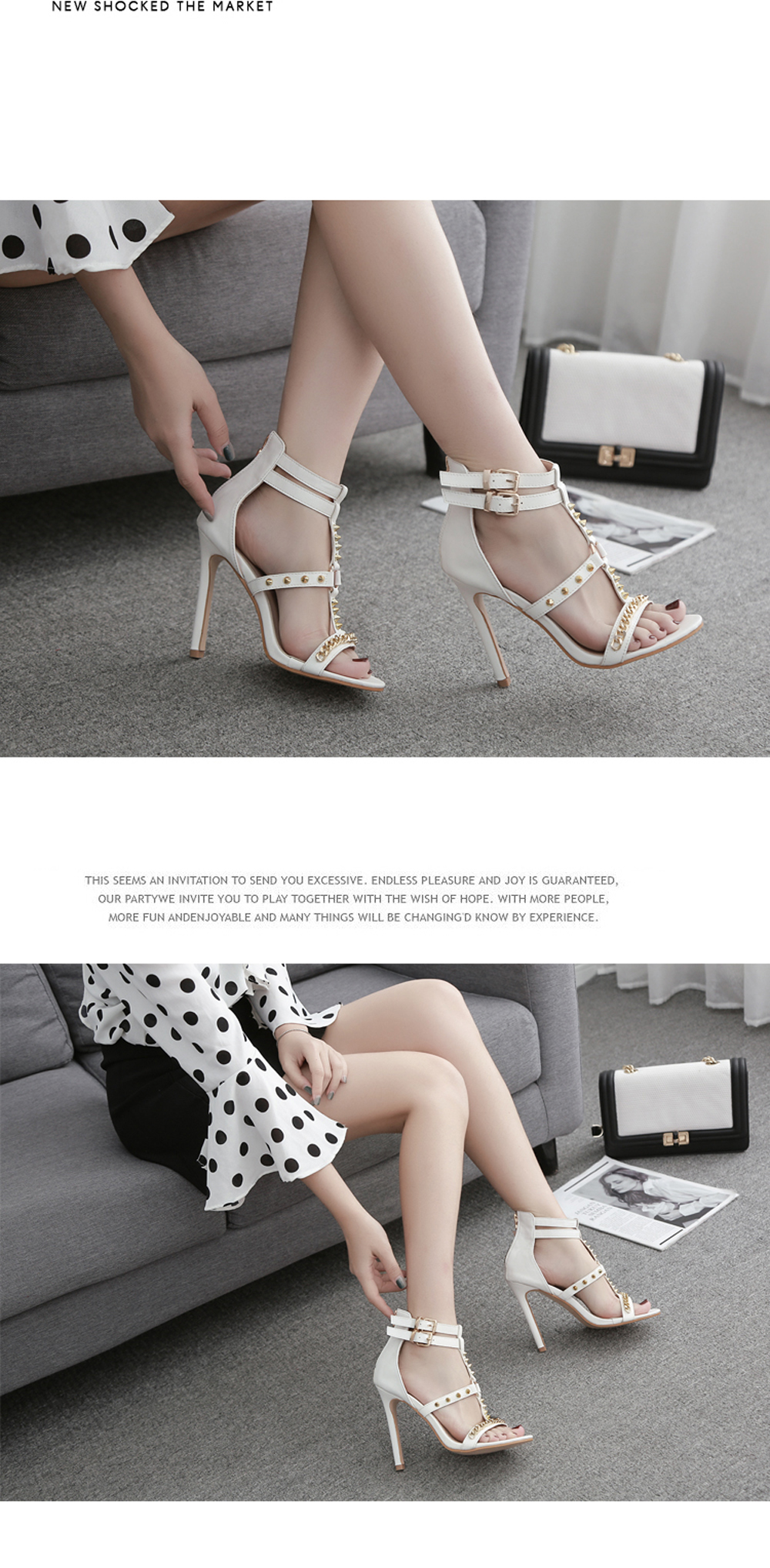 Women's Stiletto Ankle Strap Heels European Party Sandals with Rivets