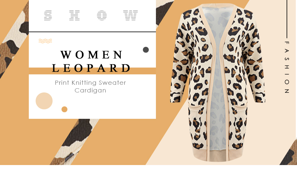 Women Long Sleeves Leopard Print Knitting Sweater Open Front Cardigan