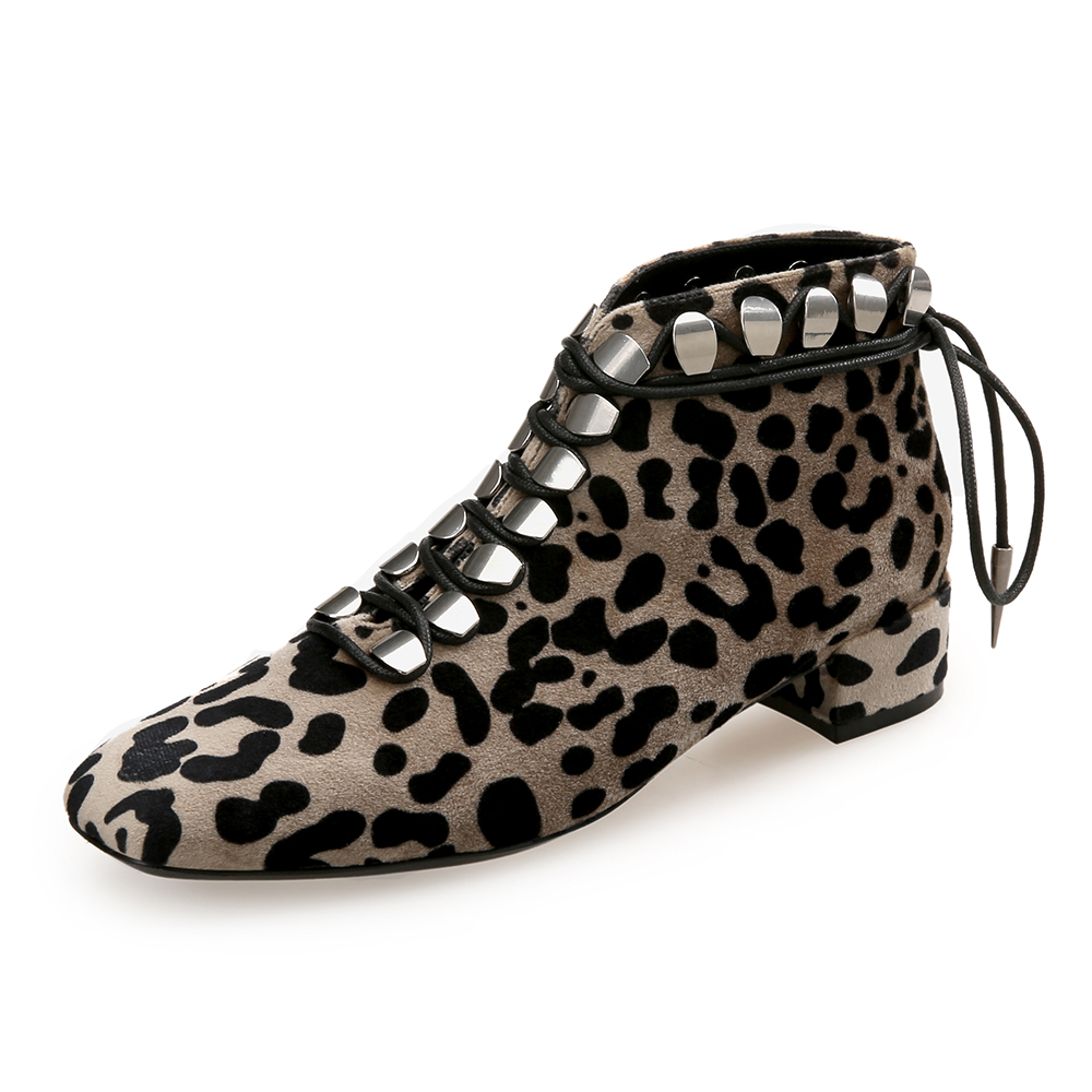 Leopard Square Head Strap Rivet Women'S Booties