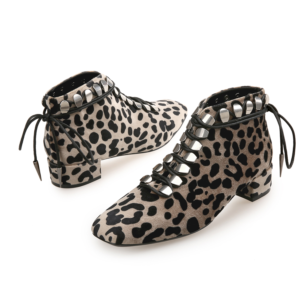 Leopard Square Head Strap Rivet Women'S Booties