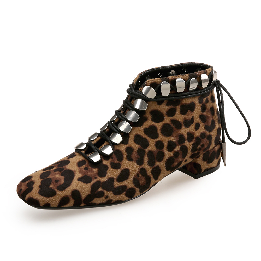 Leopard Square Head Strap Rivet Women'S Booties