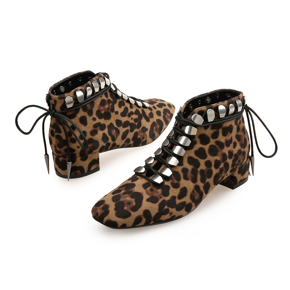 Leopard Square Head Strap Rivet Women'S Booties