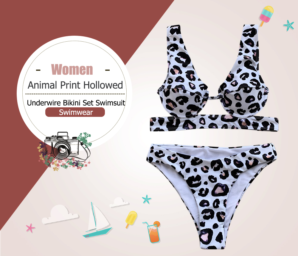 Women Animal Print Hollowed Underwire Bikini Set Swimsuit Swimwear