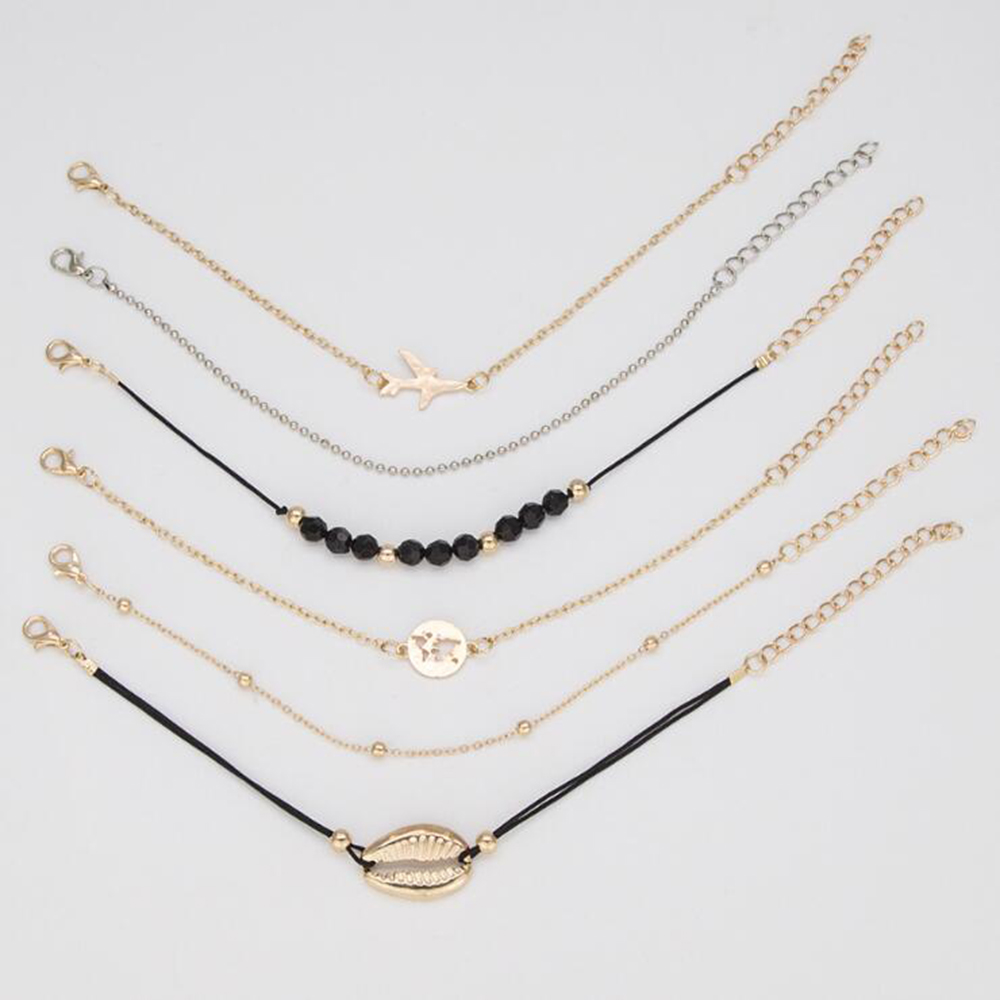 6-PIECE Set Fashion Shell Plane Map Women S Bead Chain Trendy Bracelet Jewelry