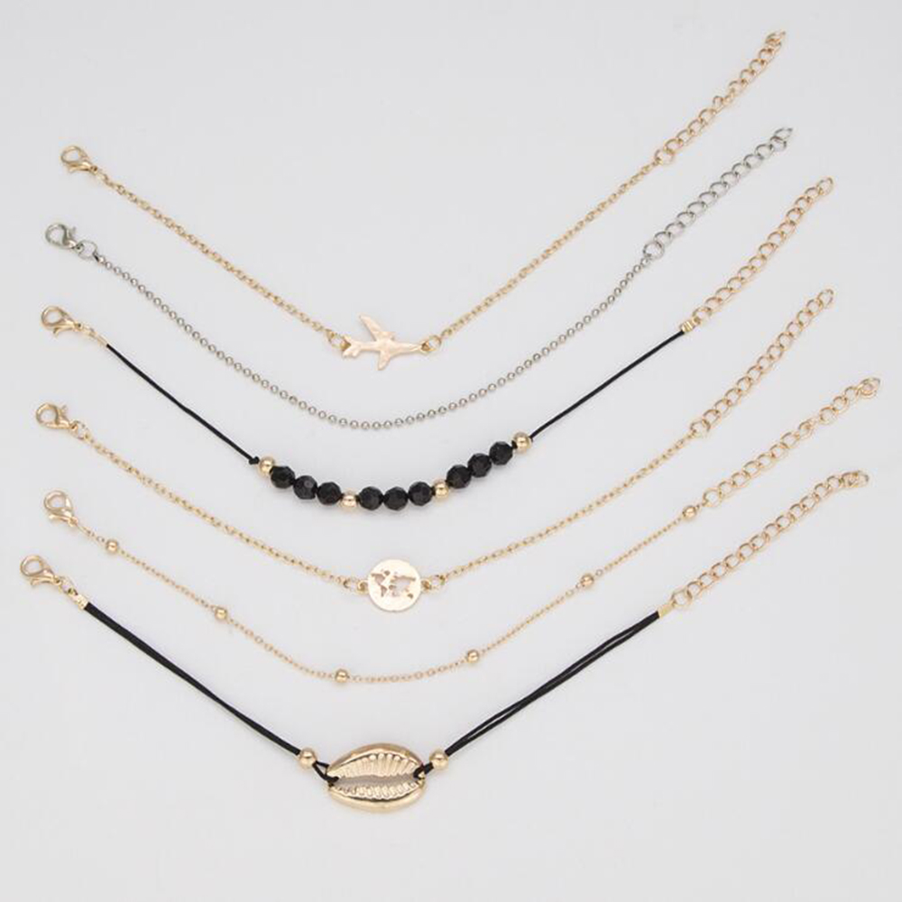 6-PIECE Set Fashion Shell Plane Map Women S Bead Chain Trendy Bracelet Jewelry
