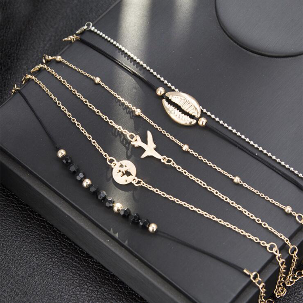 6-PIECE Set Fashion Shell Plane Map Women S Bead Chain Trendy Bracelet Jewelry