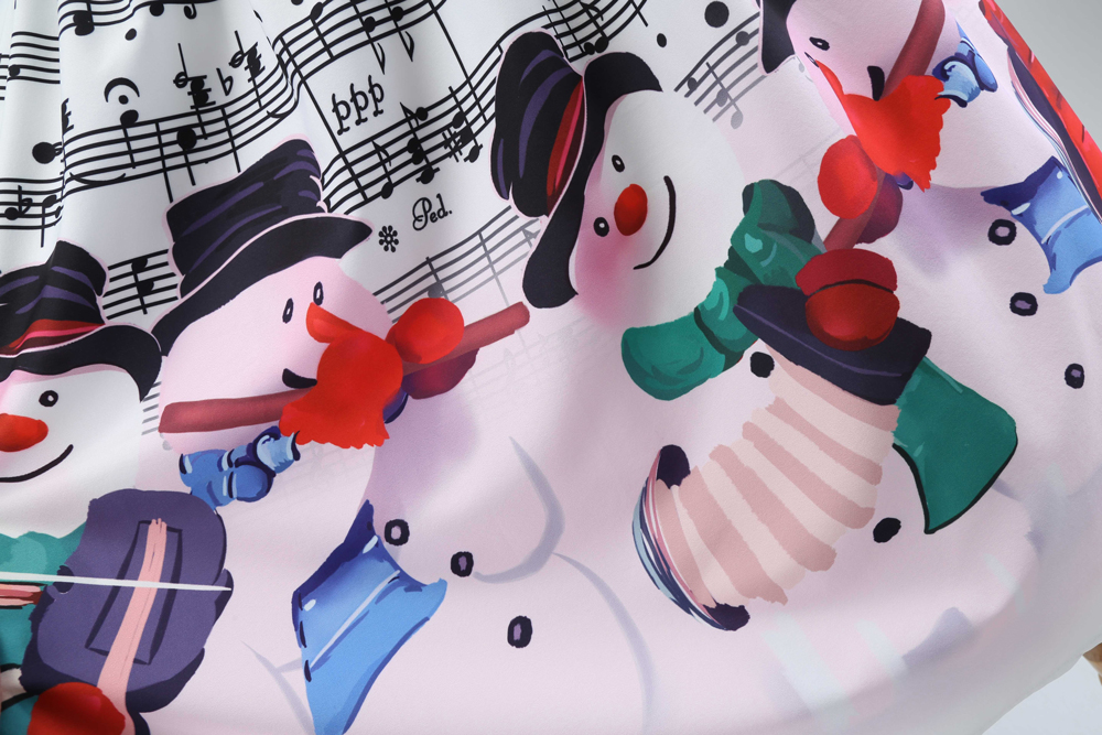 Long Sleeve Christmas Music Snowman Print Big Swing Dress