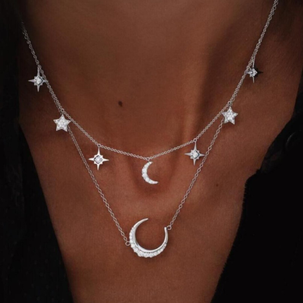 Women'S Fashion Wind Moon Stars Pendants Double Necklaces Ornaments Girls