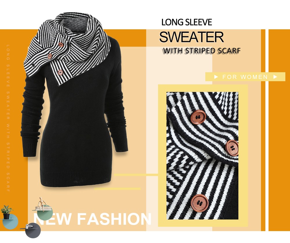 Long Sleeve Sweater with Striped Scarf
