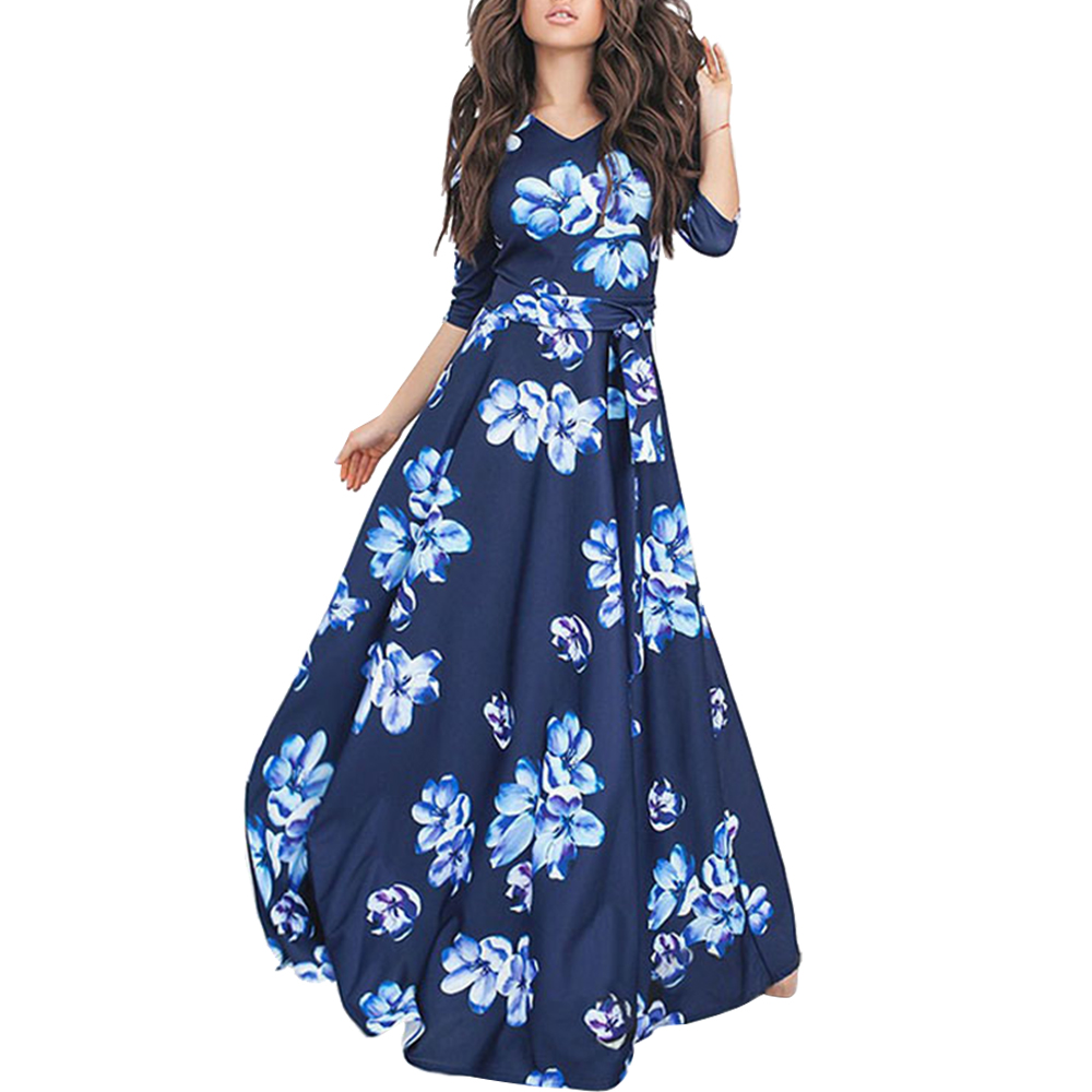 Flower Print Summer Long Dress Sexy Maxi Dresses for Women Blue Dresses