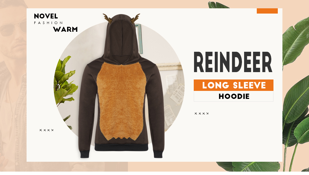 Novel Reindeer Long Sleeve Tight Cuff Men Hoodie Fleece Sweatshirt