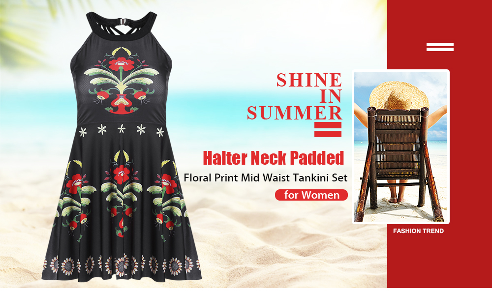 Halter Neck Padded Floral Print Strappy Mid Waist Two-piece Women Tankini Set