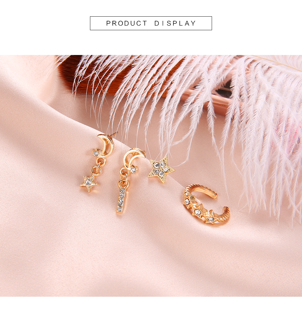4 Pcs/Set Moon Stars Crystal Earrings for Women Gold Fashion Bohemian Earring