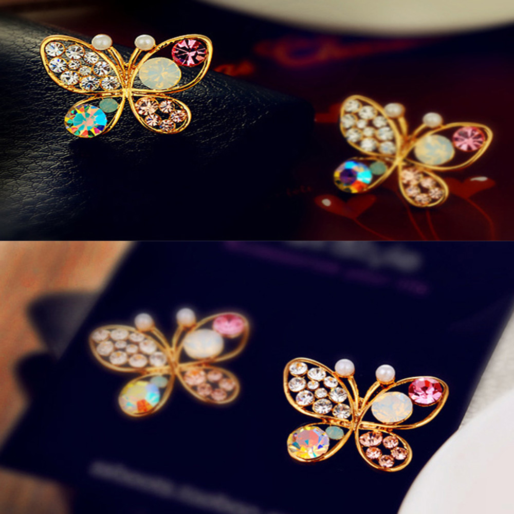 Simple Openwork Inlaid Colored Diamond Butterfly Earrings