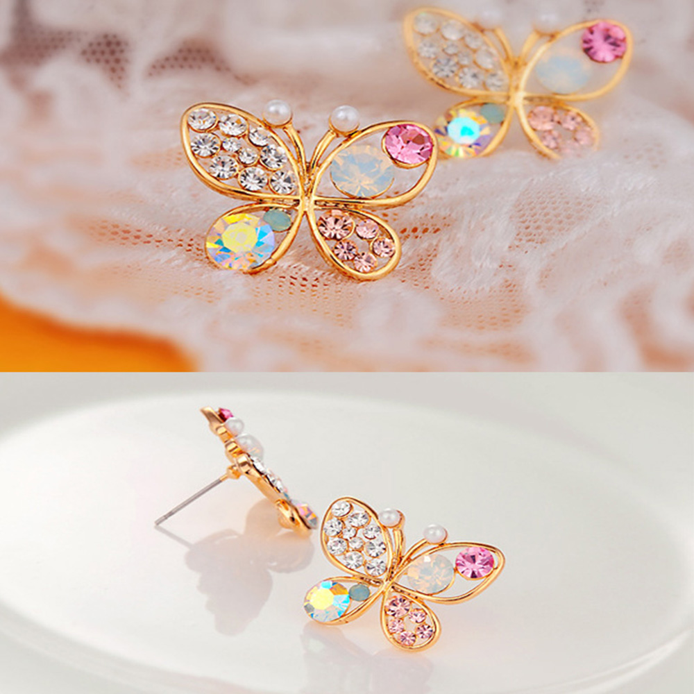 Simple Openwork Inlaid Colored Diamond Butterfly Earrings