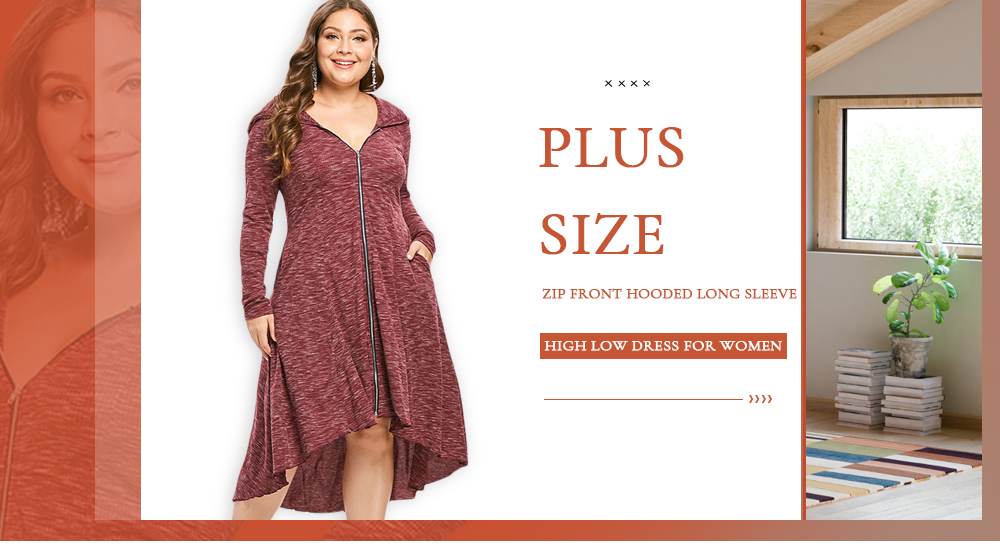 Plus Size Zip Front Hooded High Low Dress