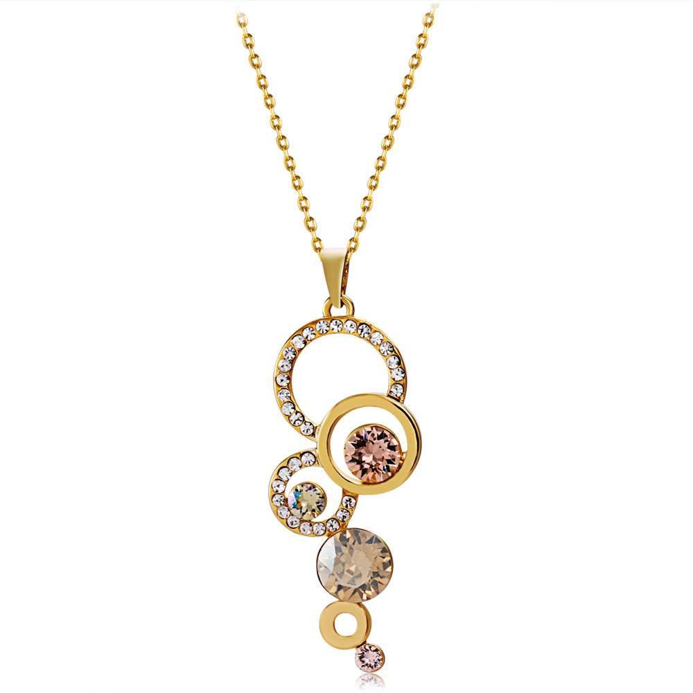 Gold and Zircon Multi-Ring Connected Crystal Pendant Necklace