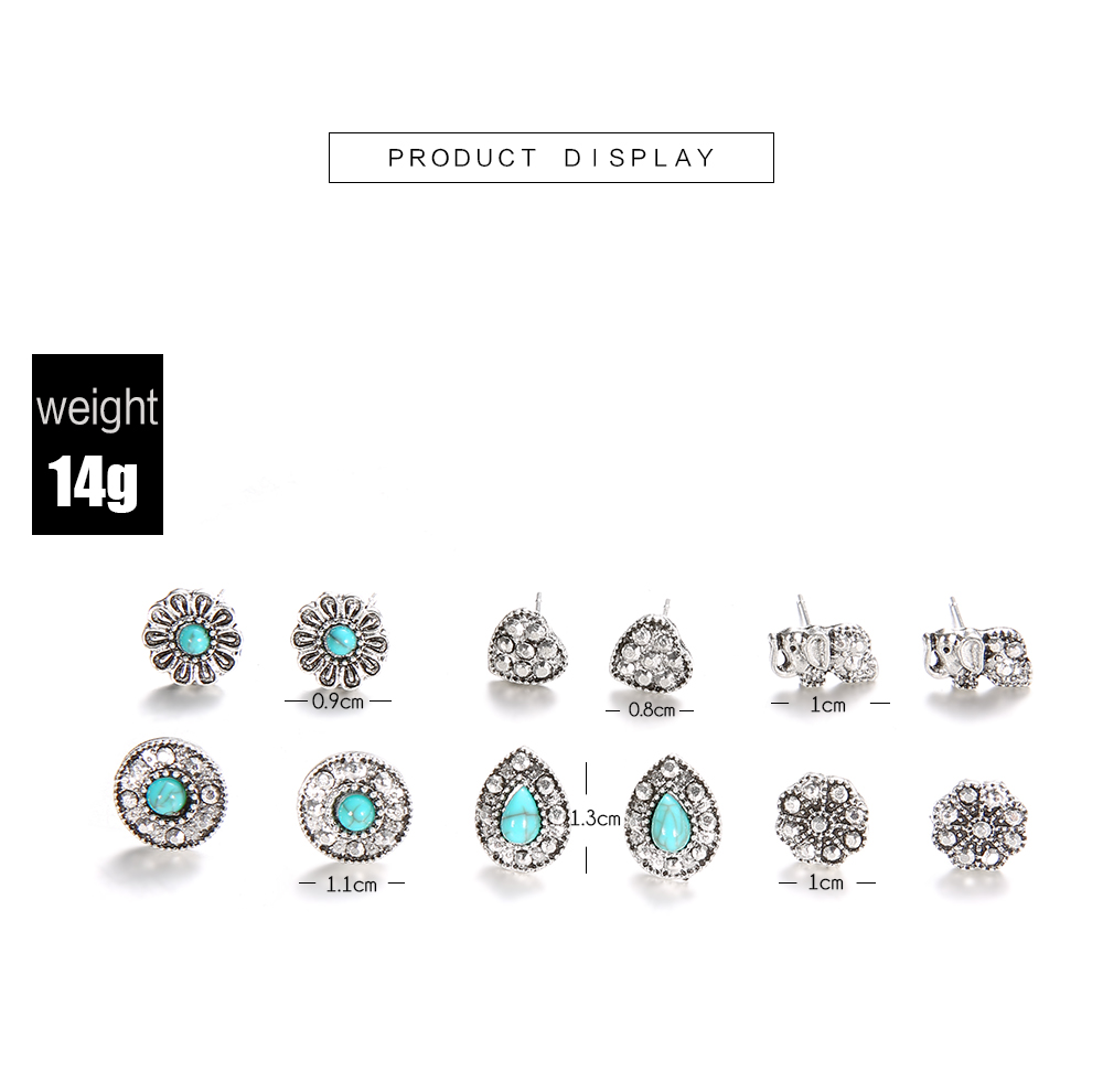 6 Pairs/Set Bohemian Elephant Flower Stone Stud Earrings for Women Jewelry