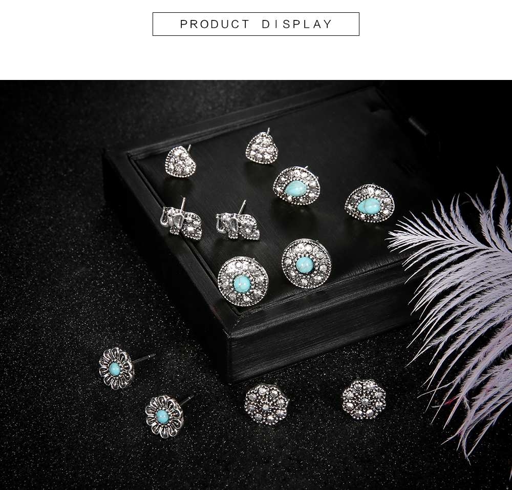 6 Pairs/Set Bohemian Elephant Flower Stone Stud Earrings for Women Jewelry