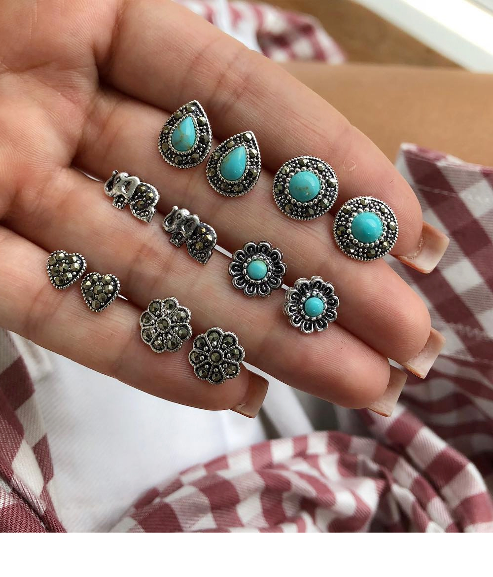 6 Pairs/Set Bohemian Elephant Flower Stone Stud Earrings for Women Jewelry