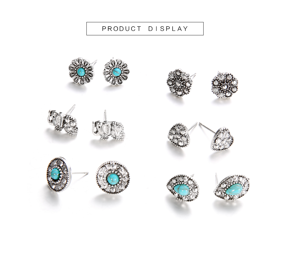 6 Pairs/Set Bohemian Elephant Flower Stone Stud Earrings for Women Jewelry