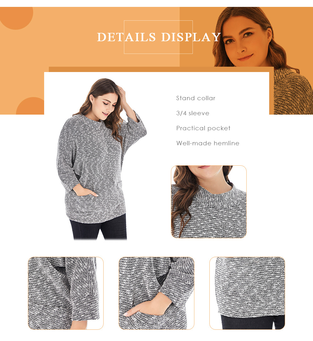 Plus Size Women Long Sweater Pullover 3/4 Sleeve Casual Pocket Knitted Top