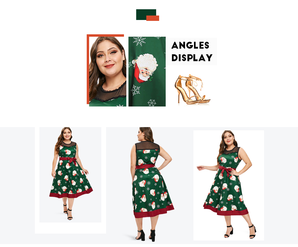 Plus Size Mesh Panel Christmas Santa Print Dress